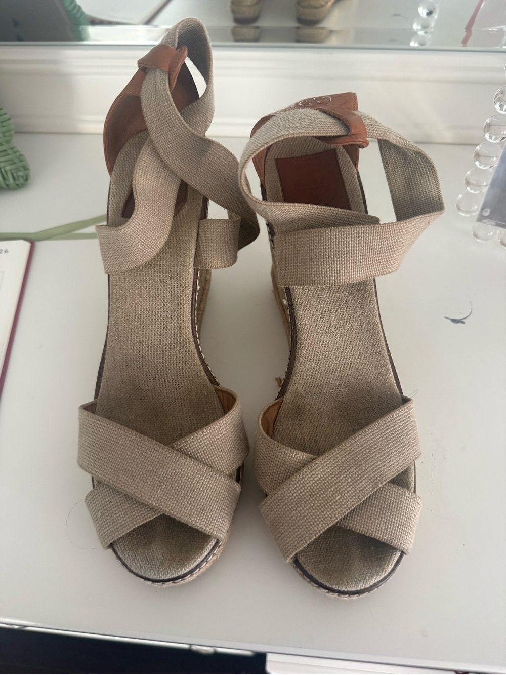 Tory Burch Beige Canvas Wedge Sandals with Ankle Wrap